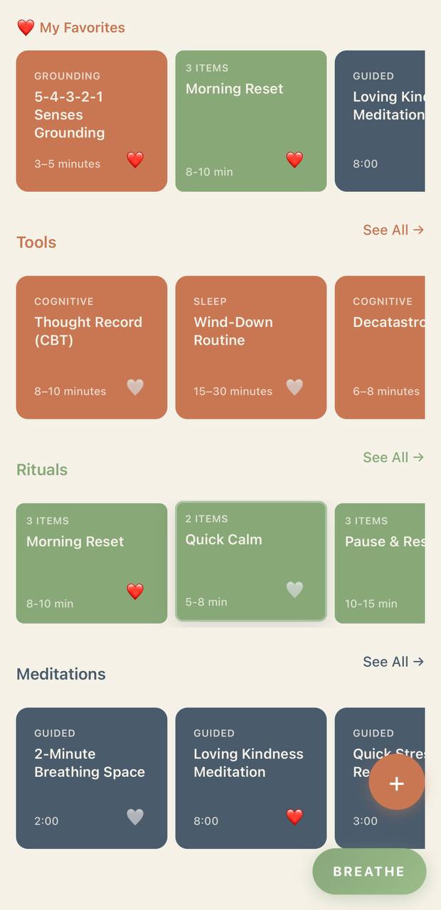Strua app showing favorites, tools, rituals, and meditations